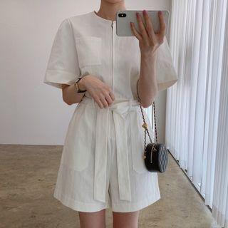 Elbow-sleeve Wide Leg Romper