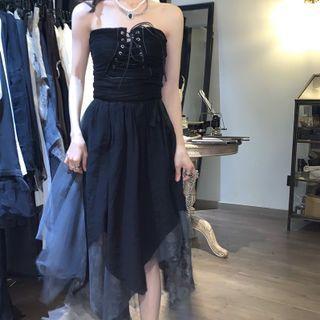 Lace-up Tube Top / Irregular Midi A-line Skirt