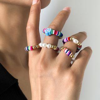 Set: Flower Soft Clay / Faux Pearl Ring 2286 - Green & Pink & Blue - One Size