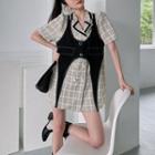 Elbow-sleeve Mock Two-piece Plaid Mini Blazer Dress