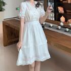 Short-sleeve V-neck Lace Panel A-line Dress