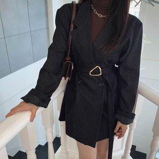 Double-breasted Pinstriped Blazer With Belt