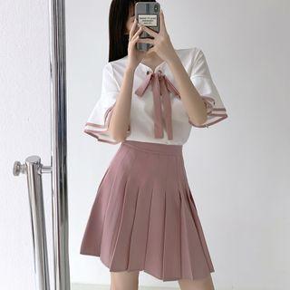 Elbow-sleeve Blouse / Pleated Skirt / Set