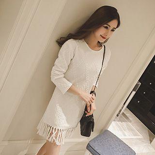 Fringed Hem Long-sleeve Dress