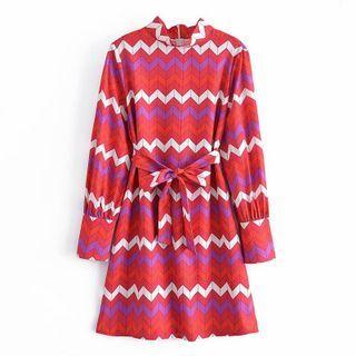 Zigzag Pattern Tie-waist Mini A-line Dress