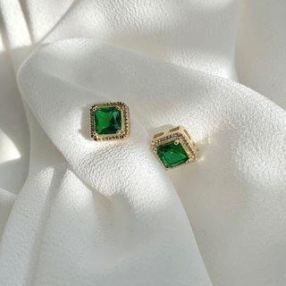 Rhinestone Square Earring 1 Pair - Green - One Size