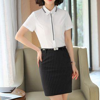 Short-sleeve Hidden Placket Shirt / Pinstriped Dress Pants / Mini Pencil Skirt / Set