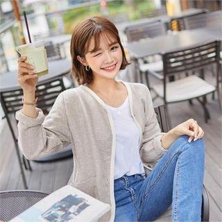 Contrast-trim Check Linen Cardigan