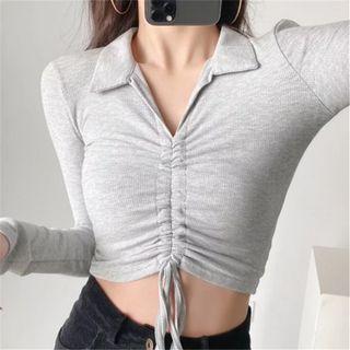 V Neck Polo Neck Drawstring Long Sleeve Top