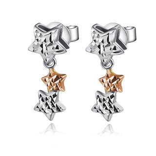 14k Rose And White Gold Diamond-cut Triple Stars Earrings