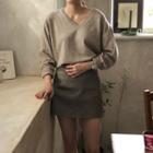 V-neck Long-sleeve Knit Top / Faux-leather A-line Skirt