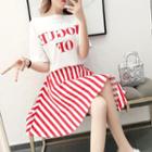 Set: Lettering Short Sleeve T-shirt + Striped Flared Skirt