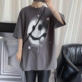 Smiley Face Print Gradient Elbow-sleeve T-shirt