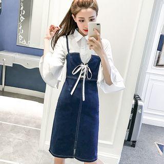 Set: Ruffle Trim Blouse + Spaghetti Strap Lace-up Denim Dress