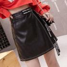 Lettering Strap Faux-leather Mini Skirt