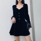 Long-sleeve Frill Trim Mini A-line Velour Dress