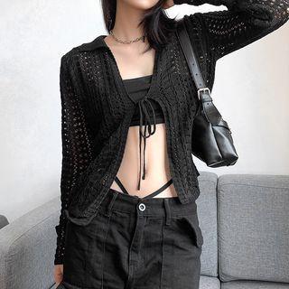 Long Sleeve Crochet Knit Crop Light Cardigan Black - One Size