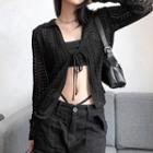 Long Sleeve Crochet Knit Crop Light Cardigan Black - One Size