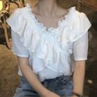 Short-sleeve Frill Trim Top Cross Top - White - One Size