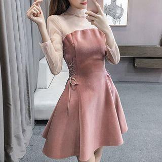 3/4-sleeve Sheer Panel A-line Mini Dress