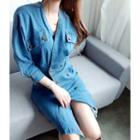 Wrap-front Button-detail Denim Dress