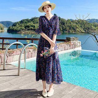 Elbow-sleeve V-neck Floral Chiffon Dress