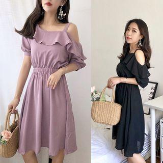 Cut-out Shoulder Ruffle Dress