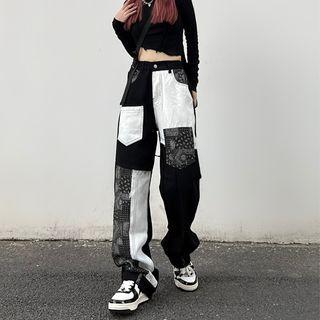 Paisley Print Panel High Waist Straight Leg Jeans