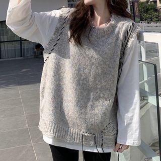 Long-sleeve T-shirt / Contrast Stitch Distressed Sweater Vest