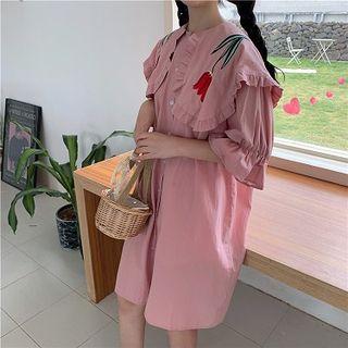 Flower Embroidered Elbow-sleeve Shirt Dress