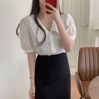 Puff-sleeve Floral Embroidered Blouse / Midi A-line Skirt / Set