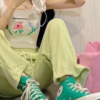 Drawstring Wide-leg Pants / Flower Print Crop Tank Top