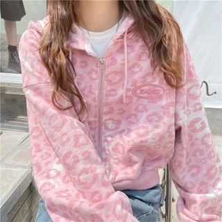 Long-sleeve Embroidered Leopard Print Hooded Zip Jacket