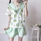 Set: Avocado Print Short-sleeve Blouse + Mini A-line Skirt