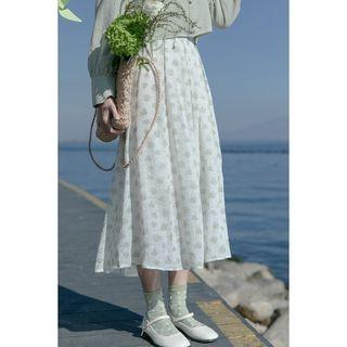 Floral Print Midi A-line Skirt Dots - Green - One Size