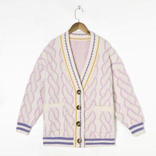 V-neck Print Cardigan Purple & White - One Size