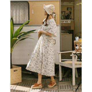 Drawstring-waist Floral Print Dress Ivory - One Size
