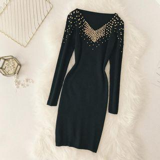 Beaded Long-sleeve Knit Dress Black - One Size
