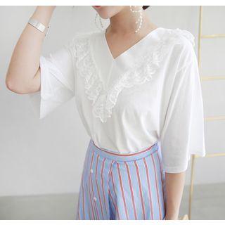 V-neck Elbow-sleeve Lace-trim Top