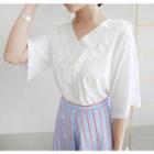 V-neck Elbow-sleeve Lace-trim Top