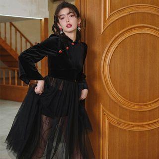 Long-sleeve Mesh Overlay Midi Qipao Dress