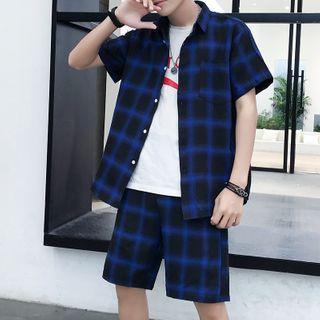 Set: Short-sleeve Plaid Shirt + Wide-leg Shorts
