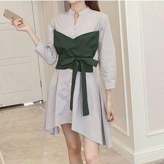 Mock Two Piece Tie Waist Shirt Dress