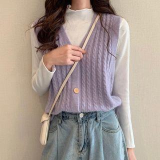 Mock-turtleneck Knit Top / Buttoned Cable Knit Vest