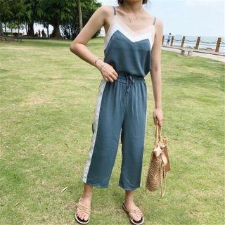 Set: Contrast Trim Camisole Top + Drawstring Wide-leg Pants