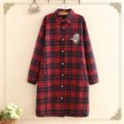 Cat Embroidery Plaid Long Shirt