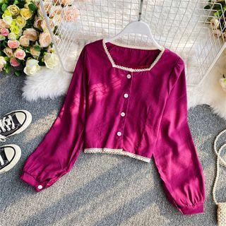 Lace-trim Square-neck Long-sleeve Blouse
