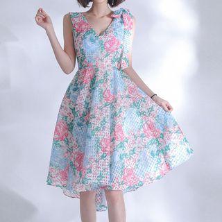 Sleeveless V-neck Bow Panel Floral Asymmetric Dress