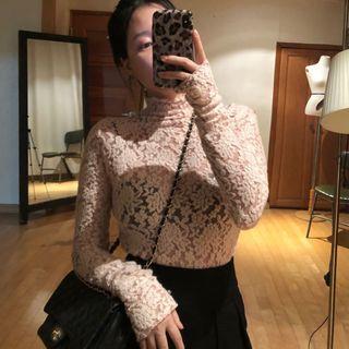 Turtleneck Long-sleeve Lace Top Off-white - One Size