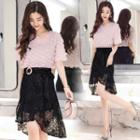 Set: Flower Detail Short-sleeve Top + Lace A-line Skirt